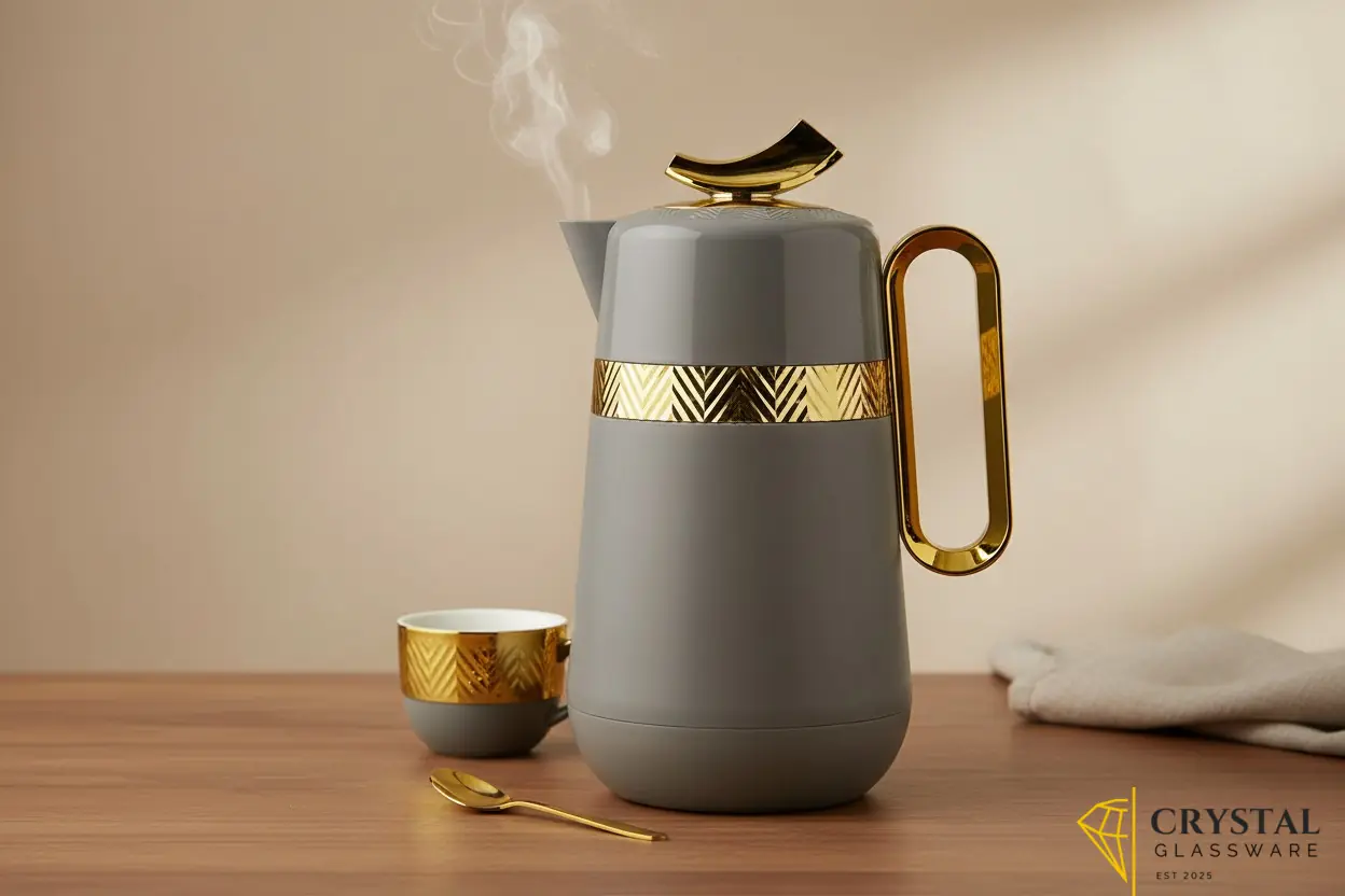 Parati brand vacuum flask with vibrant gold patterned — Crystal Glassware Pakistan
